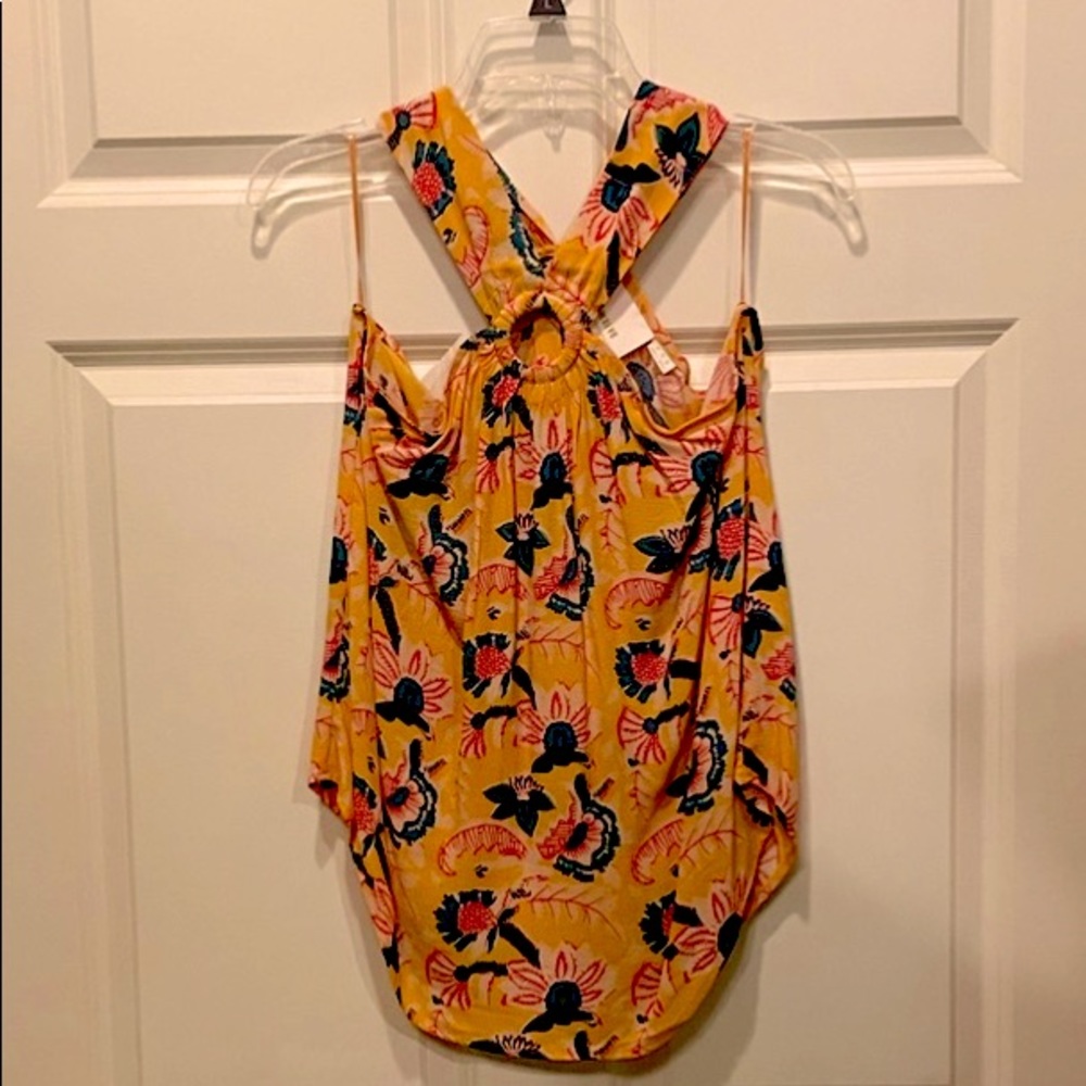 Maeve Anthropologie sz. Med bright lemon yellow halter w/ floral print.No flaws